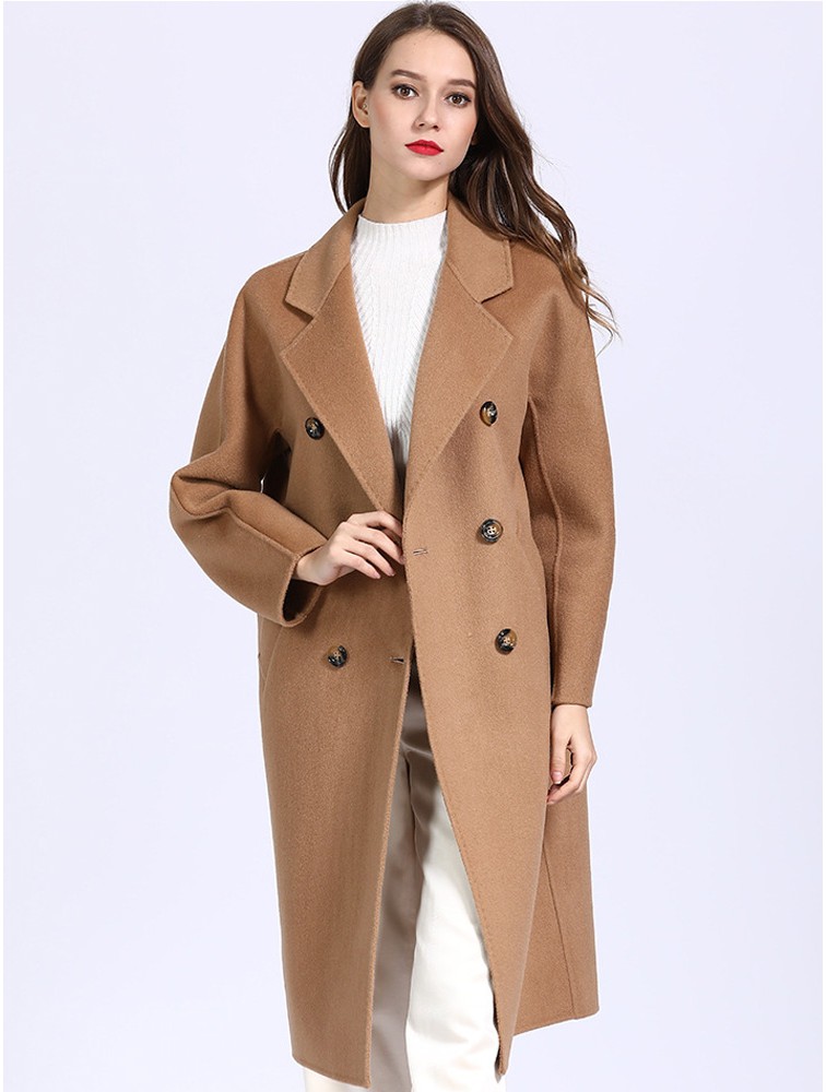 Wholesale Women Double Face V Neck Double Breasted Long Cashmere Wool Coat