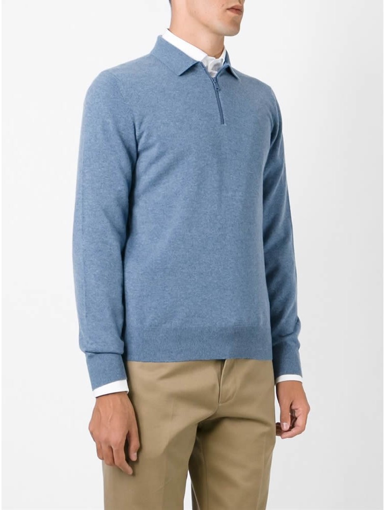 Men Polo Shirt Solid Color Zipper Sweater