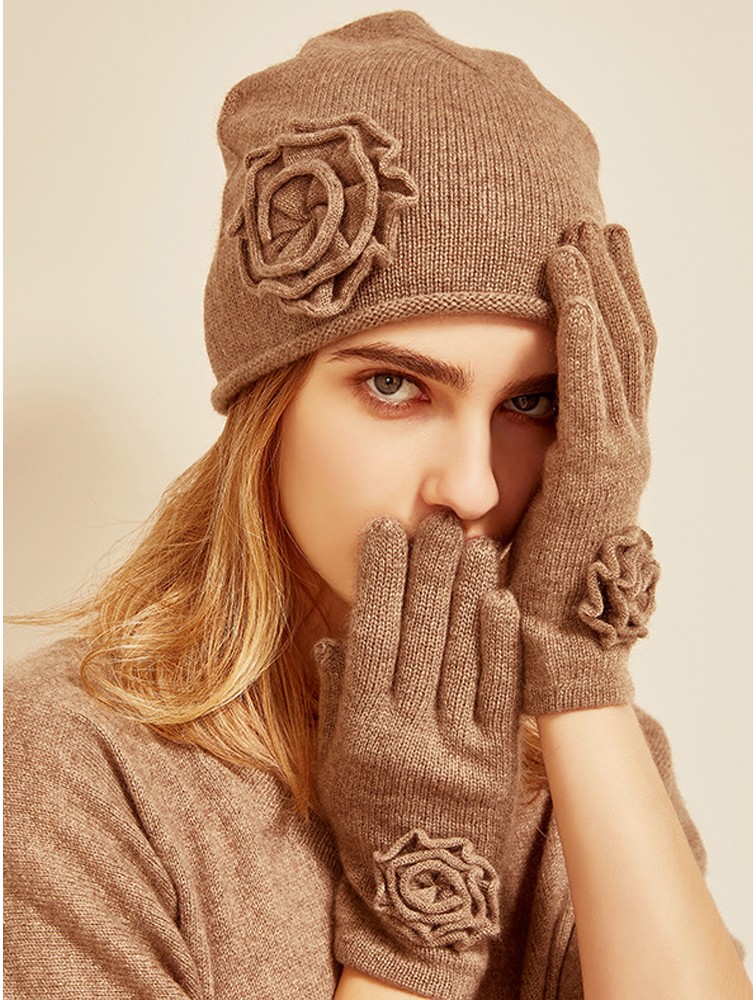Women Cashmere Gloves and Hat Set with Knit Flower